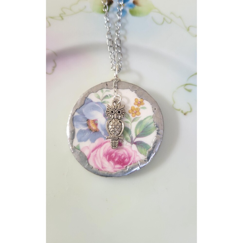 Broken China Homer Laughlin Floral Soldered Pendant Necklace w/ Owl Charm